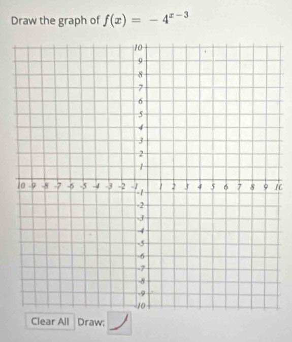 Draw the graph of f(x)=-4^(x-3)
1C 
_ 
Clear All Draw;