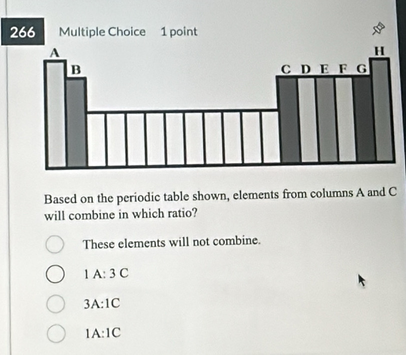 266 Multiple Choice 1 point
A
H
B C D E F G
Based on the periodic table shown, elements from columns A and C
will combine in which ratio?
These elements will not combine.
1A:3C
3A:1C
1A:1C