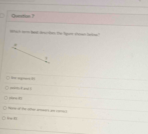 Which term best describes the figure shown below?
line segment RS
points R and S
plane RS
None of the other answers are correct
line RS