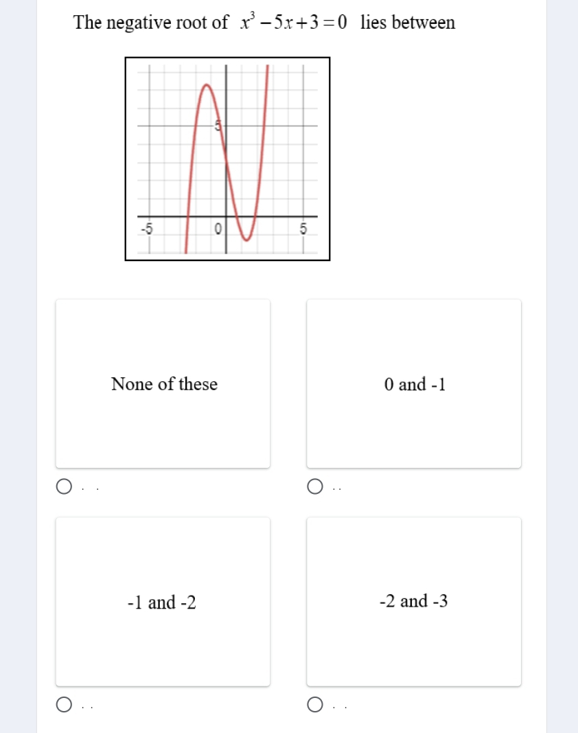 The negative root of x^3-5x+3=0 lies between
None of these 0 and -1. . . .
-1 and -2 -2 and -3
· .
. .