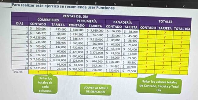 F G H 1
Para realizar este ejercico se recomienda usar Funciones 
Hallar los valores totales 
totales de de Contado, Tarjeta y Total 
cada VOLVER AL MENÚ 
columna DE EJERCICIOS Día