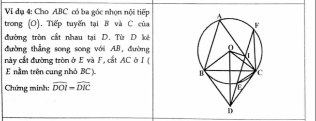 Ví dụ 4: Cho ABC có ba góc nhọn nội tiếp 
trong (O). Tiếp tuyến tại B và C của 
đường tròn cắt nhau tại D. Từ D kẻ 
đường thẳng song song với AB, đường 
này cắt đường tròn ở E và F, cắt AC ở I (
E nằm trên cung nhỏ BC ). 
Chứng minh: widehat DOI=widehat DIC