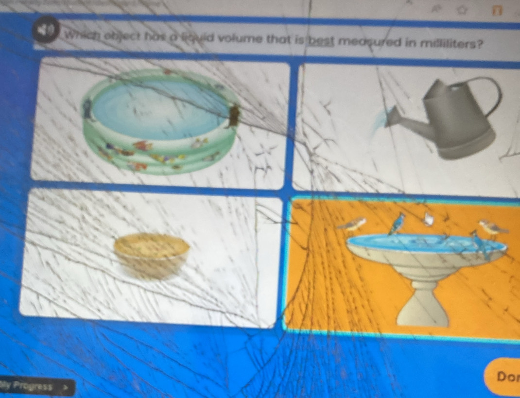 Which object has a liquid volume that is best measured in milliliters? 
Dor 
My Progress