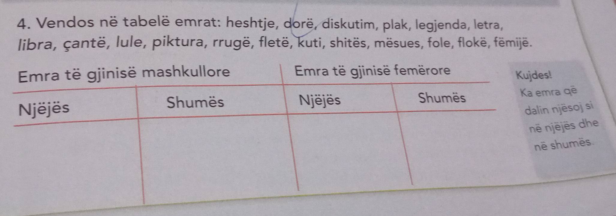 Vendos në tabelë emrat: heshtje, dorë, diskutim, plak, legjenda, letra, 
libra, çantë, lule, piktura, rrugë, fletë, kuti, shitës, mësues, fole, flokë, fëmijë. 
qē 
soj si 
ēs dhe 
mës.