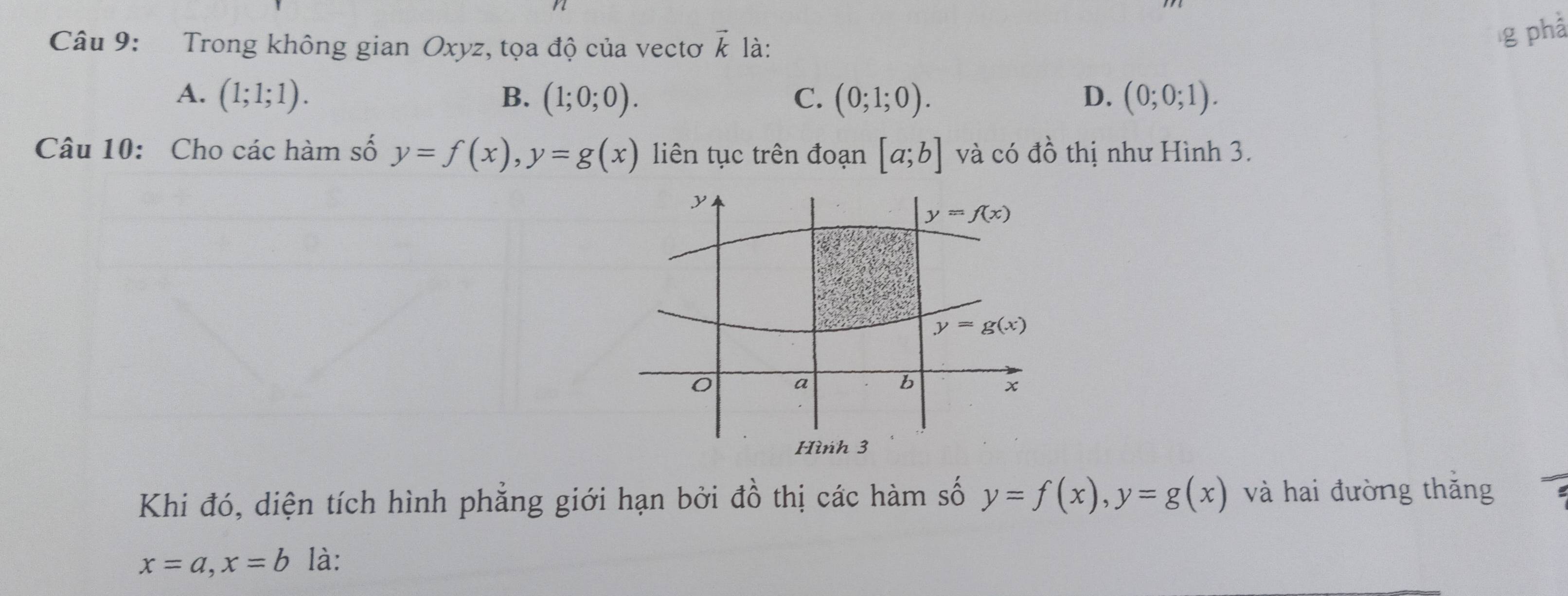 Trong không gian Oxyz, tọa độ của vectơ vector k là:
g phả
A. (1;1;1). B. (1;0;0). C. (0;1;0). D. (0;0;1).
Câu 10: Cho các hàm số y=f(x),y=g(x) liên tục trên đoạn [a;b] và có đồ thị như Hình 3.
Khi đó, diện tích hình phẳng giới hạn bởi đồ thị các hàm số y=f(x),y=g(x) và hai đường thắng
x=a,x=b là: