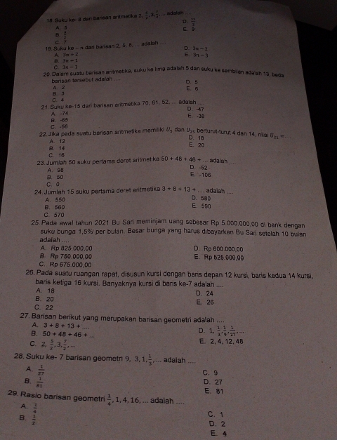 Suku kə- 8 dan bansan antmetika 2,  1/2 ,3, 1/2 , _ sidalah
D.  11/x 
A.
B.  1/2 
E
C. frac 7
19. Suku ke - dan barisan 2, 5. 8. ... adalah _D. 3n-2
A. 3n+2
E. 3n-3
θ. 3n+1
C t+1-1
20. Dalam suatu barisan aritmetika, suku ke lima adalah 5 dan suku ke sembilan adaiah 13, beda
barisan tersebut adalah A. 2
D. 5 E、 6
C. 4 B. 3
21. Suku ke-15 dan barisan aritmetika 70, 61. 52. ... adalah
D. 47 E. -38
A -74
C. -56 B. -85
berturut-turut 4 dan 14, nila
22. Jika pada suatu barisan antmelika memiliki U_1 dạn U_23 D. 18 U_21= _
A. 12
E. 20
C. 16 B. 14
23. Jumlah 50 suku pertama deret aritmetika 50+48+46+ _ adalah_
A. 90
D. -52
B. 50 E. -106
C. a
24. Jumlah 15 suku pertama deret aritmetika 3+8+13+ D.5a0 adalah_
A.550
B. 560 E. 590
C. 570
25 Pada awal tahun 2021 Bu Sari meminjam uang sebesar Rp 5.000.000.00 di bank denqan
suku bunga 1,5% per bulan. Besar bunga yang harus dibayarkan Bu Sari setelah 10 bulan
adalah .... D. Rp 600.000.00
A. Rp 825.000,00
B Rp 750 000,00 E. Rp 525.000.00
C. Rp 675.000,00
26. Pada suatu ruangan rapat, disusun kursi dengan baris depan 12 kursi, baris kedua 14 kursi,
baris ketiga 16 kursi. Banyaknya kursi di baris ke-7 adalah ....
A. 18
B. 20 D. 24
C. 22 E. 26
27. Barisan berikut yang merupakan barisan geometri adalah ....
A. 3+8+13+... D. 1, 1/3 , 1/9 , 1/27 ,...
B. 50+48+46+... E. 2. 4. 12. 4B
C. 2, 5/2 ,3, 7/2 ,...
28. Suku ke- 7 barisan geometri 9, 3, 1, 1/3 , adalah ....
A.  1/27 
C. 9
B.  1/81 
D. 27
E. 81
29. Rasio barisan geometri  1/4  , 1, 4, 16, ... adalah ....
A.  1/4 
B.  1/2 
C. 1
D. 2
E. 4