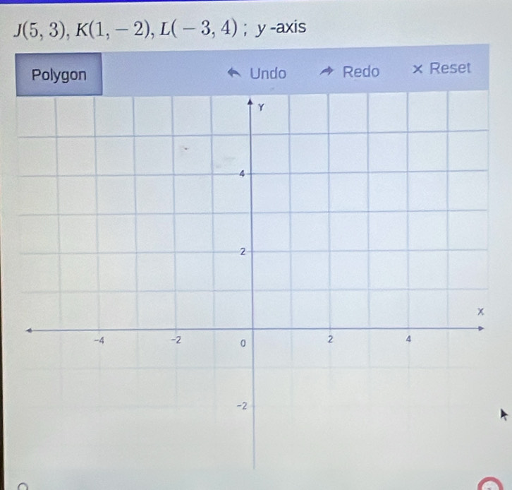 J(5,3), K(1,-2), L(-3,4); y -axis 
Polygon Undo Redo × Reset