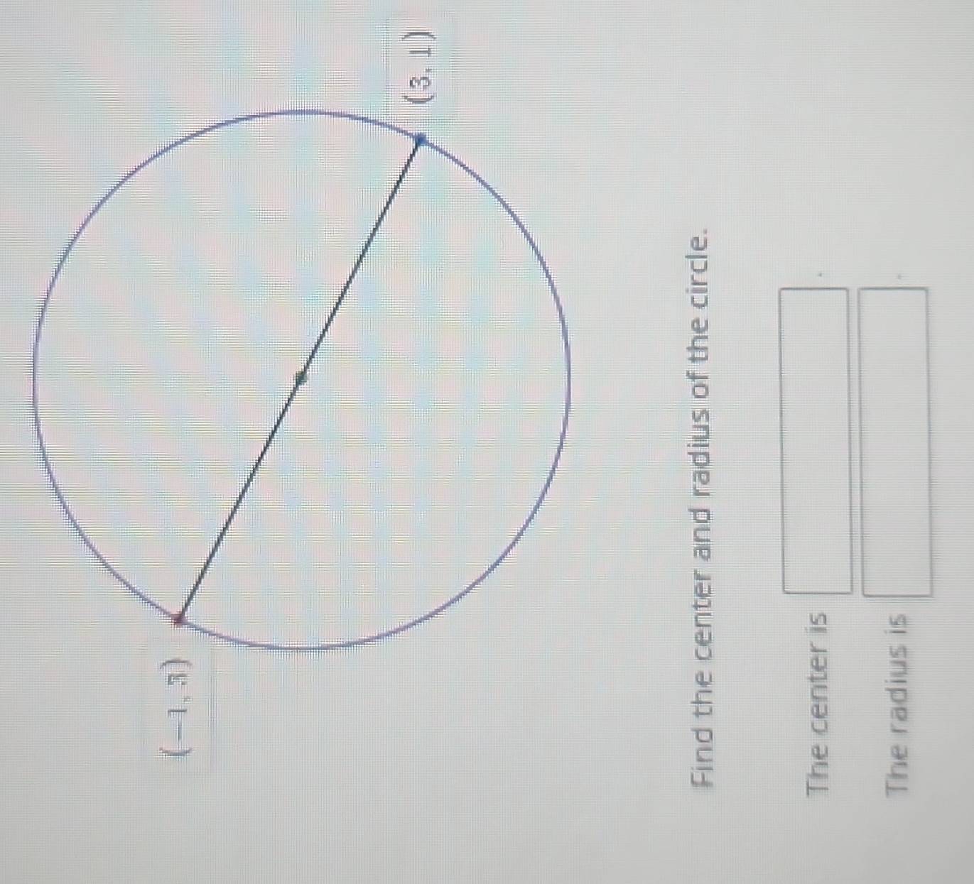 Find the center and radius of the circle.
The center is
The radius is