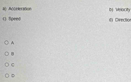 a) Acceleration b) Velocity
c) Speed d) Directior
A
B
C
D