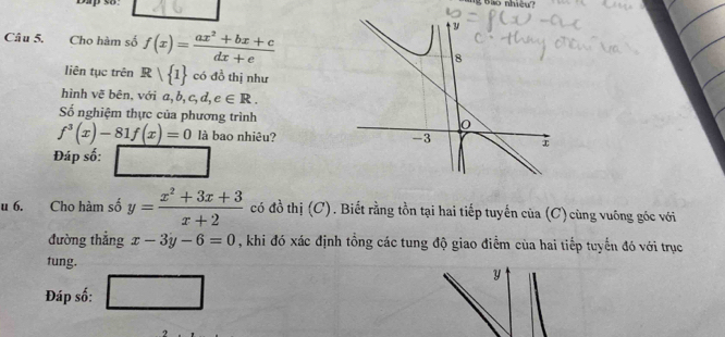 Dap so: g Bào nhiều? 
Câu 5, Cho hàm số f(x)= (ax^2+bx+c)/dx+e 
liên tục trên R| 1 có đồ thị như 
hình vẽ bên, với a, b, c, d,e∈ R. 
Số nghiệm thực của phương trình
f^3(x)-81f(x)=0 là bao nhiêu? 
Đáp số: □ 
u 6. Cho hàm số y= (x^2+3x+3)/x+2  có đồ thị (C). Biết rằng tồn tại hai tiếp tuyến của (C) cùng vuông góc với 
đường thẳng x-3y-6=0 , khi đó xác định tổng các tung độ giao điểm cùa hai tiếp tuyến đó với trục 
tung. 
Đáp số: □ 
y