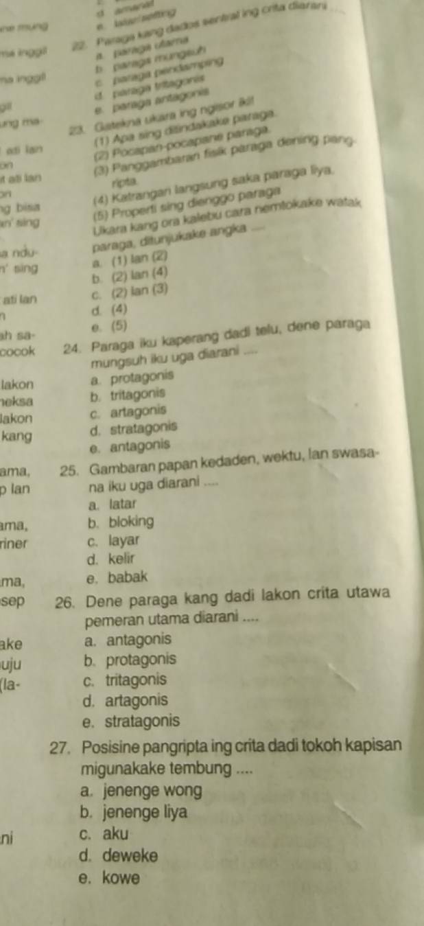 amana
mưng e. Iaisel sefting
22. Paraga kang dados sentral ing crita diarani
mé inggi a paraga carra
b parags mungsuh
na inggê c paraga pendampin
d. paraga tritagoris
e. paraga antagonis
23. Gatekna ukara ing ngisor iki!
ung ma-
(1) Apa sing diäindakake paraga.
(2) Pocapan-pocapané paraga.
adi lan
on
it ali lan
(3) Panggambaran fisik paraga dening pang
on ripts.
n ting (5) Properti sing dienggo paraga
g bisa
(4) Katrangan langsung saka paraga liya.
Likara kang ora kalebu cara nemtokake watak
a ndu- paraga, ditunjukake angka. .....
n' sing a. (1) lan (2)
b. (2) lan (4)
ati lan c. (2) lan (3)
d. (4)
ah sa- 0. (5)
cocok 24. Paraga iku kaperang dadi telu, dene paraga
mungsuh iku uga diarani
lakon a. protagonis
eksa b.tritagonis
lakon c. artagonis
kang d. stratagonis
e. antagonis
ama, 25. Gambaran papan kedaden, wektu, Ian swasa-
p lan na iku uga diarani ....
a. latar
ama, b. bloking
riner c.layar
d. kelir
ma, e. babak
sep 26. Dene paraga kang dadi lakon crita utawa
pemeran utama diarani ....
ake a. antagonis
uju b.protagonis
(la- c. tritagonis
d. artagonis
e. stratagonis
27. Posisine pangripta ing crita dadi tokoh kapisan
migunakake tembung ....
a. jenenge wong
b. jenenge liya
ni c. aku
d. deweke
e. kowe