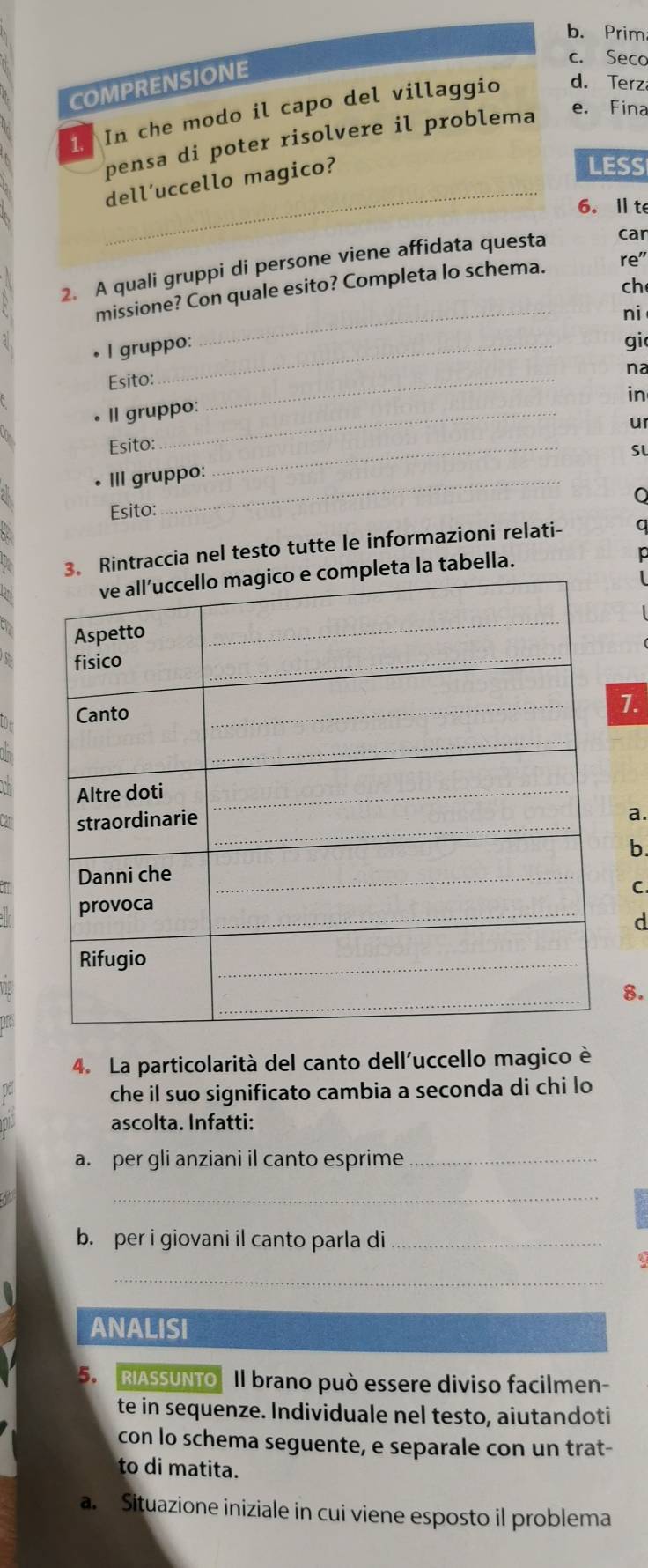 b. Prim
COMPRENSIONE
c. Seco
1. In che modo il capo del villaggio d. Terz
pensa di poter risolvere il problema e. Fina
dell’uccello magico?
LESS
_
6. l te
2. A quali gruppi di persone viene affidata questa car
ch
_
missione? Con quale esito? Completa lo schema. re"
ni
• l gruppo:
gi
Esito:
II gruppo:
_
na
in
ur
Esito:
• III gruppo:
_
Sl
Esito:
Rintraccia nel testo tutte le informazioni relati-
la tabella.
7.
a.
b.
C.
d
8.
4. La particolarità del canto dell'uccello magico è
che il suo significato cambia a seconda di chi lo
ascolta. Infatti:
a. per gli anziani il canto esprime_
_
b. per i giovani il canto parla di_
_
a
ANALISI
5. RASSUNTO Il brano può essere diviso facilmen-
te in sequenze. Individuale nel testo, aiutandoti
con lo schema seguente, e separale con un trat-
to di matita.
a. Situazione iniziale in cui viene esposto il problema