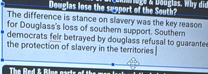 Rn luge & Douglas. Why did 
Douglas lose the support of the South? 
The difference is stance on slavery was the key reason 
for Douglass's loss of southern support. Southern 
democrats felr betrayed by douglass refusal to guarantee 
the protection of slavery in the territories 
The Red & Blue parts