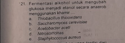 Fermentasi alkohol untuk mengubah
glukosa menjadi etanol secara anaerob
menggunakan khamir ....
a. Thiobacillus thiooxidans
b. Saccharomyces cerevisiae
c. Acetobacter aceti
d. Nitrosomonas
e. Staphylococcus aureus