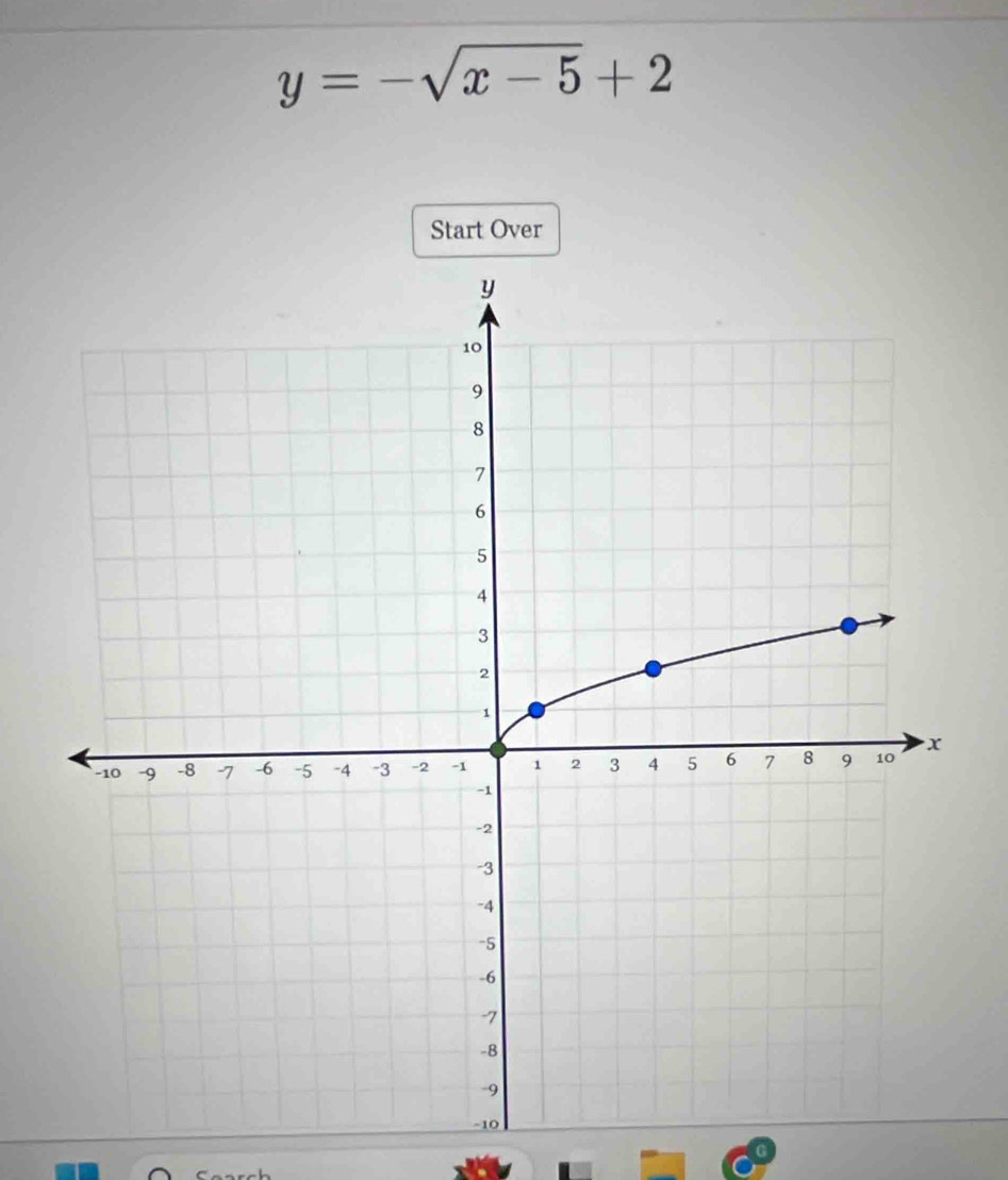 y=-sqrt(x-5)+2
Start Over