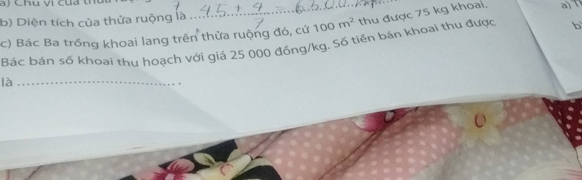 a ) Chu vị cua th 
b) Diện tích của thửa ruộng là 
c) Bác Ba trồng khoai lang trên thửa ruộng đó, cứ 100m^2 __ thu được 75 kg khoai. 
a) T 
Bác bán số khoai thu hoạch với giá 25 000 đồng /kg. Số tiền bán khoai thu được 
b 
là_