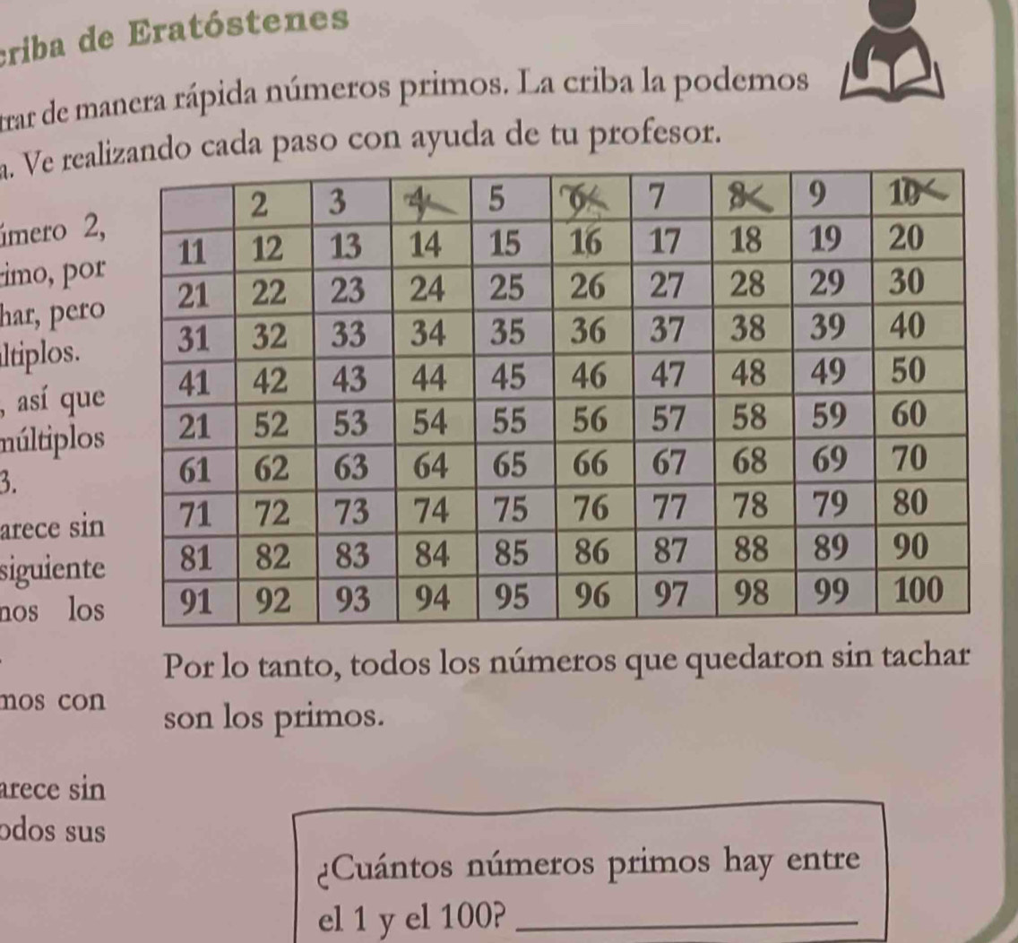 criba de Eratóstenes 
trar de manera rápida números primos. La criba la podemos 
a. Ve realndo cada paso con ayuda de tu profesor. 
úmero 2, 
imo, por 
har, pero 
ltiplos. 
, así que 
núltiplos 
3. 
arece sin 
siguiente 
nos los 
Por lo tanto, todos los números que quedaron sin tachar 
mos con 
son los primos. 
arece sin 
ɔdos sus 
Cuántos números primos hay entre 
el 1 y el 100?_