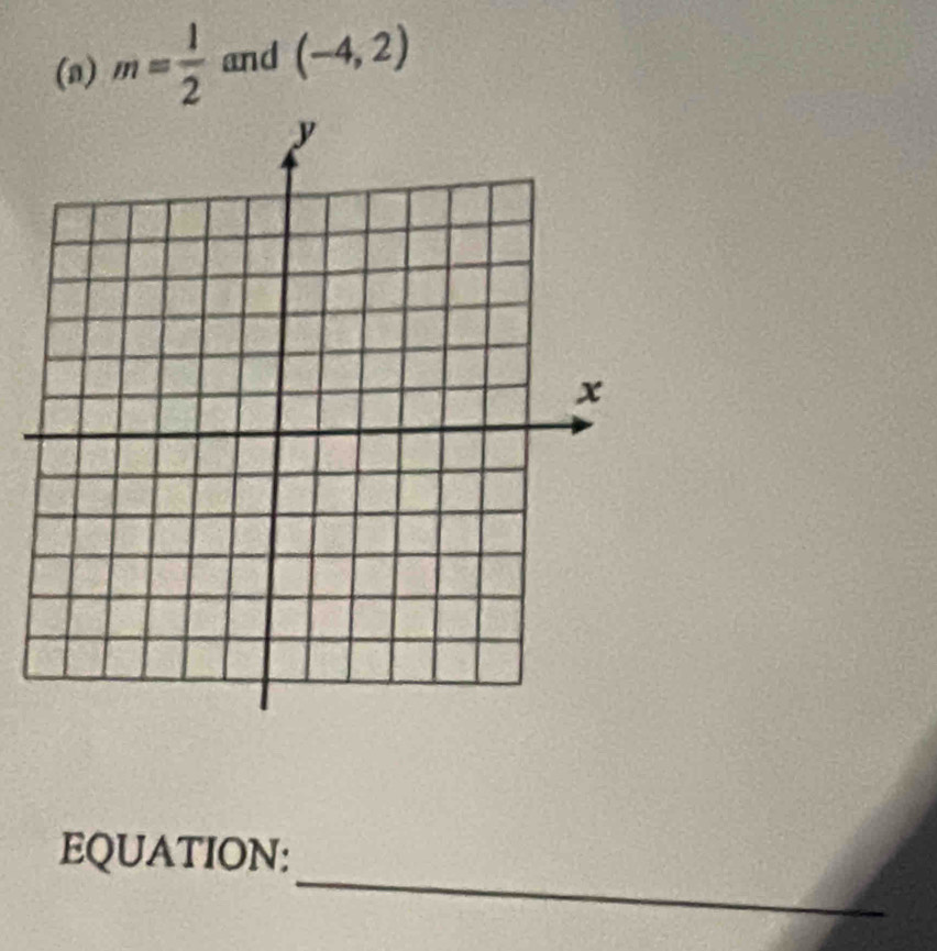 m= 1/2  and (-4,2)
_ 
EQUATION: