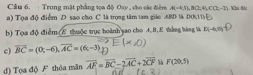 Trong mặt phẳng tọa độ Oxy , cho các điểm A(-4;1), B(2;4), C(2;-2) Khi đó: 
a) Tọa độ điểm D sao cho C là trọng tâm tam giác ABD là D(8;11)
b) Tọa độ điểm (E thuộc trục hoành sao cho A, B, E thằng hàng là E(-6;0)
c) vector BC=(0;-6), vector AC=(6;-3)
d) Tọa độ F thỏa mãn vector AF=vector BC-2vector AC+2vector CF là F(20;5)