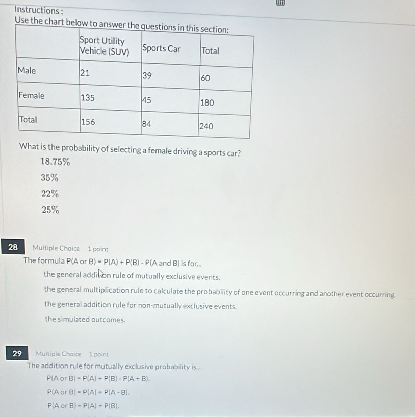 Instructions :
Use the chart bel
What is the probability of selecting a female driving a sports car?
18.75%
35%
22%
25%
28 Muitiple Choice 1 point
The formula P(A or B)=P(A)+P(B)-P(A A and B) is for...
the general addition rule of mutually exclusive events.
the general multiplication rule to calculate the probability of one event occurring and another event occurring.
the general addition rule for non-mutually exclusive events.
the simulated outcomes.
29 Multiple Choice 1 point
The addition rule for mutually exclusive probability is...
P(A or B)=P(A)+P(B)-P(A+B).
P(A or B)=P(A)+P(A-B).
PC Aor B)=P(A)+P(B).