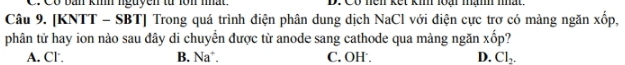 Có bản kih nguyễn từ lồn nất. D. Cố nên kết kin loà ma mất.
Câu 9. [KNTT - SBT] Trong quá trình điện phân dung dịch NaCl với điện cực trợ có màng ngăn xop
phân tử hay ion nào sau đây di chuyển được từ anode sang cathode qua màng ngăn xốp?
A. Cl. B. Na*. C. OH . D. Cl_2.