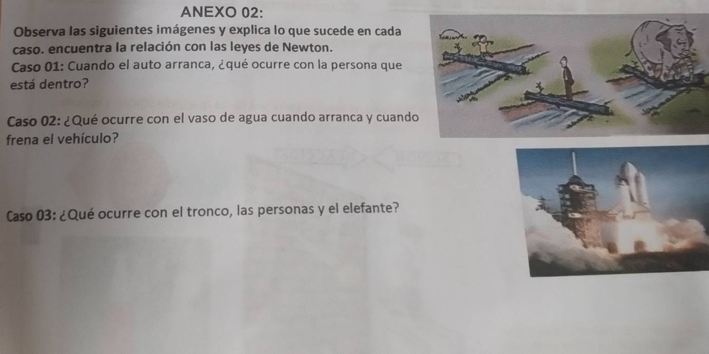 ANEXO 02: 
Observa las siguientes imágenes y explica lo que sucede en cada 
caso. encuentra la relación con las leyes de Newton. 
Caso 01: Cuando el auto arranca, ¿qué ocurre con la persona que 
está dentro? 
Caso 02: ¿Qué ocurre con el vaso de agua cuando arranca y cuand 
frena el vehículo? 
Caso 03: ¿Qué ocurre con el tronco, las personas y el elefante?