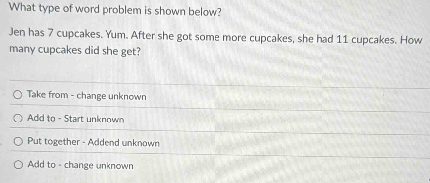 What type of word problem is shown below?
Jen has 7 cupcakes. Yum. After she got some more cupcakes, she had 11 cupcakes. How
many cupcakes did she get?
Take from - change unknown
Add to - Start unknown
Put together - Addend unknown
Add to - change unknown