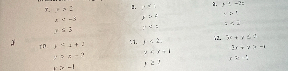 y>2 y≤ 1 9. y≤ -2x
8.
x
y>4
y>1
x<2</tex>
y≤ 3
y
10. y≤ x+2 y<2x</tex> 12. 3x+y≤ 0
11.
y>x-2
y
-2x+y>-1
x≥ -1
y>-1
y≥ 2