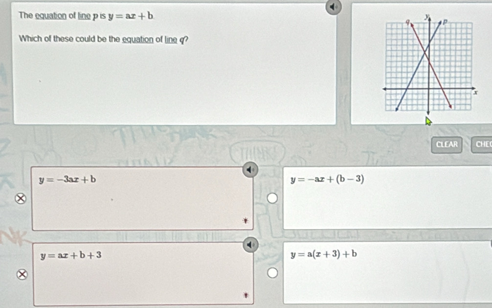 The equation of line p is y=ax+b
Which of these could be the equation of line q?
CLEAR CHE
y=-3ax+b
y=-ax+(b-3)
y=ax+b+3
y=a(x+3)+b