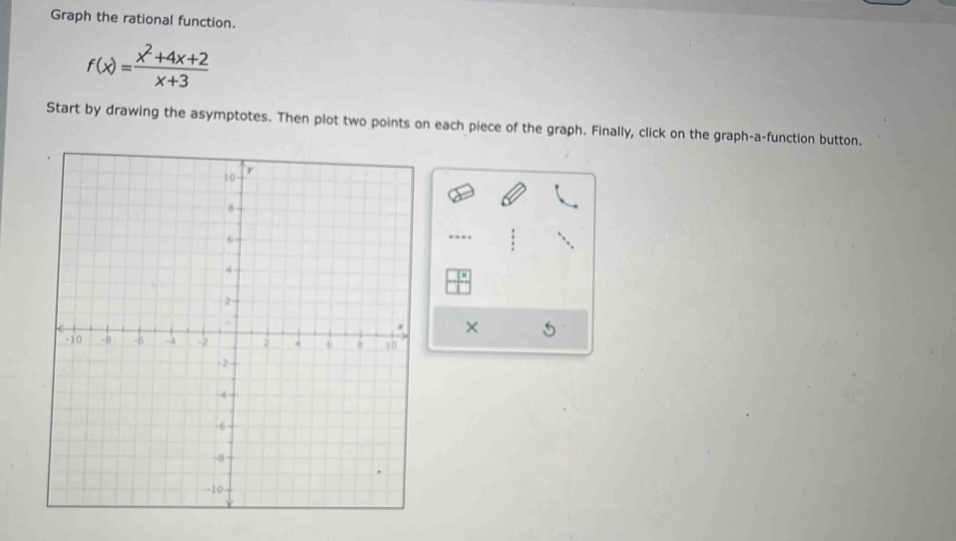 Graph the rational function.
f(x)= (x^2+4x+2)/x+3 
Start by drawing the asymptotes. Then plot two points on each piece of the graph. Finally, click on the graph-a-function button. 
… 
× 5