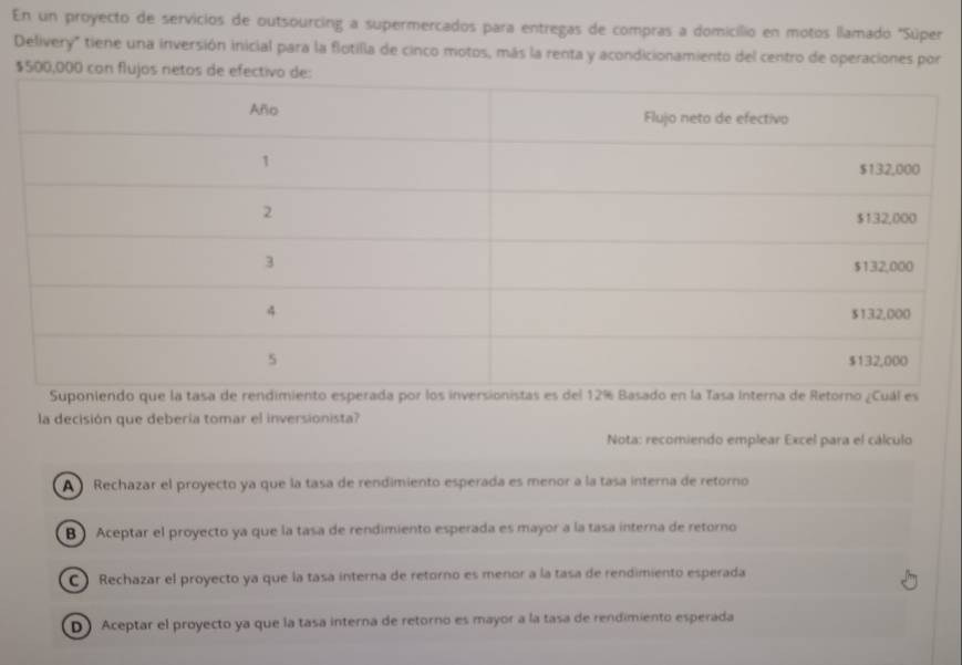 En un proyecto de servicios de outsourcing a supermercados para entregas de compras a domiciílio en motos llamado "Súper
Delivery" tiene una inversión inicial para la flotilla de cinco motos, más la renta y acondicionamiento del centro de operaciones por
$500,00
Suponiendo que la tasa de rendimiento esperada por los inversionistas es del 12% Basado en la Tasa Interna de Retorno ¿Cuál es
la decisión que debería tomar el inversionista?
Nota: recomiendo emplear Excel para el cálculo
A Rechazar el proyecto ya que la tasa de rendimiento esperada es menor a la tasa interna de retorno
B Aceptar el proyecto ya que la tasa de rendimiento esperada es mayor a la tasa interna de retorno
C ) Rechazar el proyecto ya que la tasa interna de retorno es menor a la tasa de rendimiento esperada
D) Aceptar el proyecto ya que la tasa interna de retorno es mayor a la tasa de rendimiento esperada