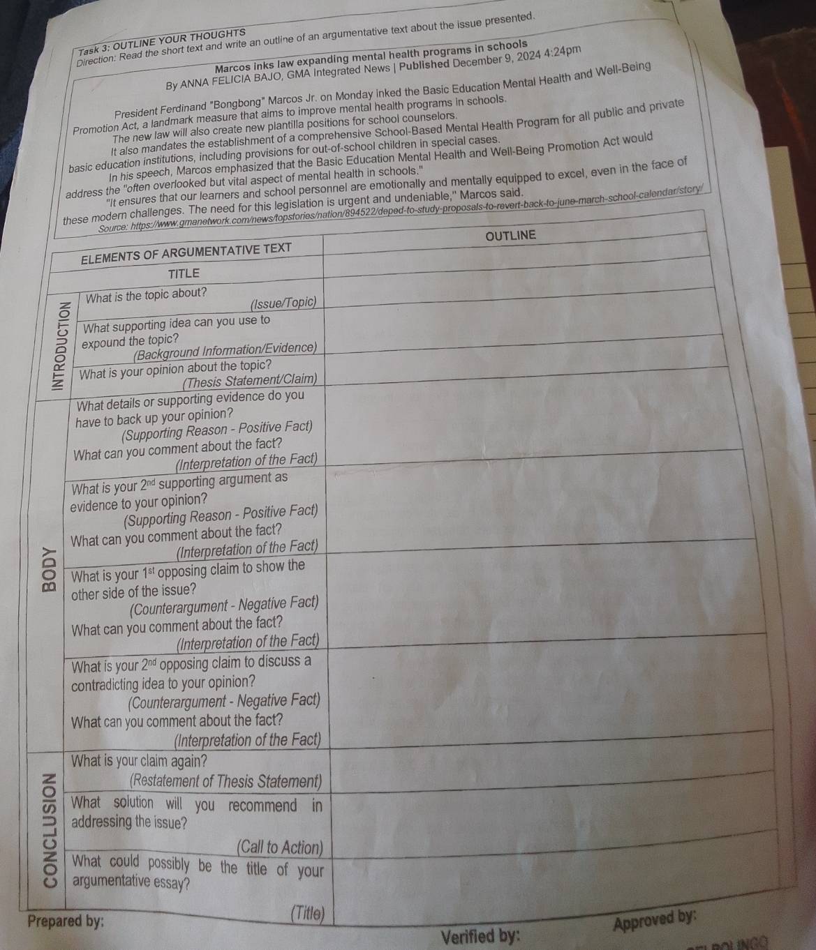 Direction: Read the short text and write an outline of an argumentative text about the issue presented.
Task 3: OUTLINE YOUR THOUGHTS
Marcos inks law expanding mental health programs in schools
By ANNA FELICIA BAJO, GMA Integrated News | Published December 9, 2024 4:24pm
President Ferdinand "Bongbong" Marcos Jr. on Monday inked the Basic Education Mental Health and Well-Being
Promotion Act, a landmark measure that aims to improve mental health programs in schools.
The new law will also create new plantilla positions for school counselors.
It also mandates the establishment of a comprehensive School-Based Mental Health Program for all public and private
basic education institutions, including provisions for out-of-school children in special cases.
In his speech, Marcos emphasized that the Basic Education Mental Health and Well-Being Promotion Act would
the "often overlooked but vital aspect of mental health in schools."
ool personnel are emotionally and mentally equipped to excel, even in the face of
ar/story/
(Title)
Prepared by: Approved by:
Verified by: