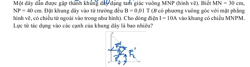 Một dây dẫn được gập thành khúng dây dạng tam giác vuông MNP (hình vẽ). Biết MN=30cm,
NP=40cm 1. Đặt khung dây vào từ trường đều B=0,01T (B có phương vuông góc với mặt phẳng 
hình vẽ, có chiều từ ngoài vào trong như hình). Cho dòng điện I=10A vào khung có chiều MNPM. 
Lực từ tác dụng vào các cạnh của khung dây là bao nhiêu?