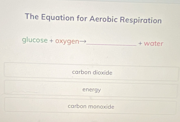 The Equation for Aerobic Respiration
glucose + oxygen _+ water
carbon dioxide
energy
carbon monoxide