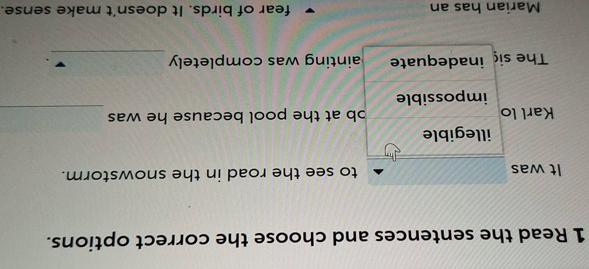 Read the sentences and choose the correct options.
It was to see the road in the snowstorm.
illegible
Karl lo bb at the pool because he was._
impossible
The sig inadequate ainting was completely_
.
Marian has an fear of birds. It doesn’t make sense.