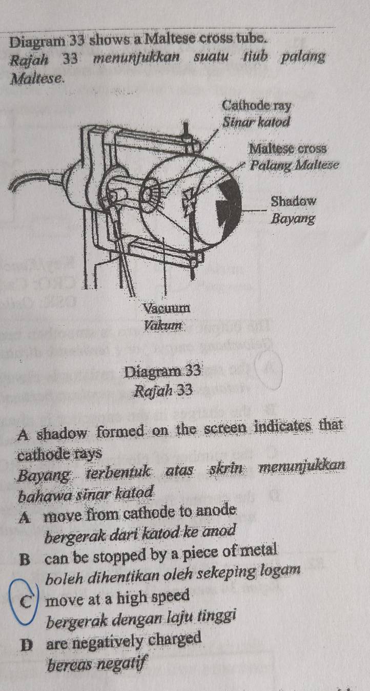 Diagram 33 shows a Maltese cross tube.
Rajah 33 menunjukkan suatu tiub palang
Maltese.
Diagram 33
Rajah 33
A shadow formed on the screen indicates that
cathode rays
Bayang terbentuk atas skrin menunjukkan
bahawa sinar katod
A move from cathode to anode
bergerak dari katod ke anod
B can be stopped by a piece of metal
boleh dihentikan oleh sekeping logam
C move at a high speed
bergerak dengan laju tinggi
D are negatively charged
bercas negatif