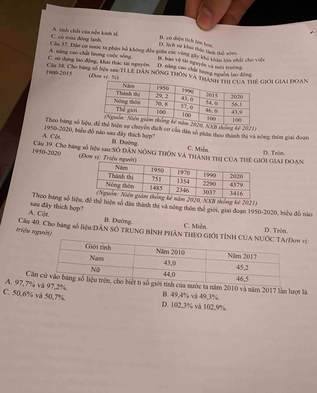 A. tính chất của nền kinh tế.
C. có mùa đông lạnh.
B. có diện tích lớn hơn.
D. lịch sử khai thác lãnh thổ sớm.
Câu 37. Dân cư nước ta phân bố không đều giữa các vùng gây khó khăn lớn nhất cho việc
A. nâng cao chất lượng cuộc sống. B. bảo vệ tài nguyên và môi trường.
C. sử dụng lao động, khai thác tài nguyên. D. nâng cao chất lượng nguồn lao đông.
Câu 38. Cho bảng số liệu sau:Tỉ LE DÂN NÔNG THÔN VÀ TIỚI GIAI ĐOAN
1900-2015 (Đơn vị: %)
thống kê 2021)
Theo bảng số liệuyển dịch cơ cấu dân số phân theo thành thị và nông thôn giai đoạn
1950-2020, biểu đồ nào sau đây thích hợp?
A. Cột. B. Đường. C. Miền.
Câu 39. Cho bảng số liệu sau:SÔ DÂN NÔNG THÔN VÀ THẢNH THỊ CÚI GIAI ĐOAN
D. Tròn.
1950-2020 (Đơn vị: Triệu n
20, NXB thống kê 2021)
Theo bảng số liệuề thể hiện số dân thành thị và nông thôn thế giới, giai đoạn 1950-2020, biểu đồ nào
sau đây thích hợp?
A. Cột. B. Đường.
C. Miền. D. Tròn.
Câu 40. Cho bảng số liệu:DÂN SÔ TRUNG BÌNH PHÂN THEO GIỚI TÍNH vị:
triệu người)
A. 97, 7% .Cănm 2010 và năm 2017 lần lượt là
B. 49, 4% và 49, 3%.
C. 50, 6% và 50, 7%. D. 102, 3% và 102, 9%.