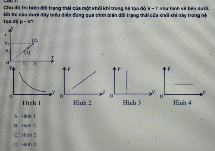 Cau 7
Cho đồ thị biến đổi trạng thái của một khối khí trong hệ tọa độ V - T như hình vẽ bên dưới.
Đồ thị nào dưới đây biểu diễn đúng quá trình biến đổi trạng thái của khối khí này trong hệ
tọa độ p-V ?
N
V_2 (2)
V_1 (1)
T
0' T_1 T_2
A. Hình 1.
B. Hình 2.
C. Hình 3.
D. Hình 4.