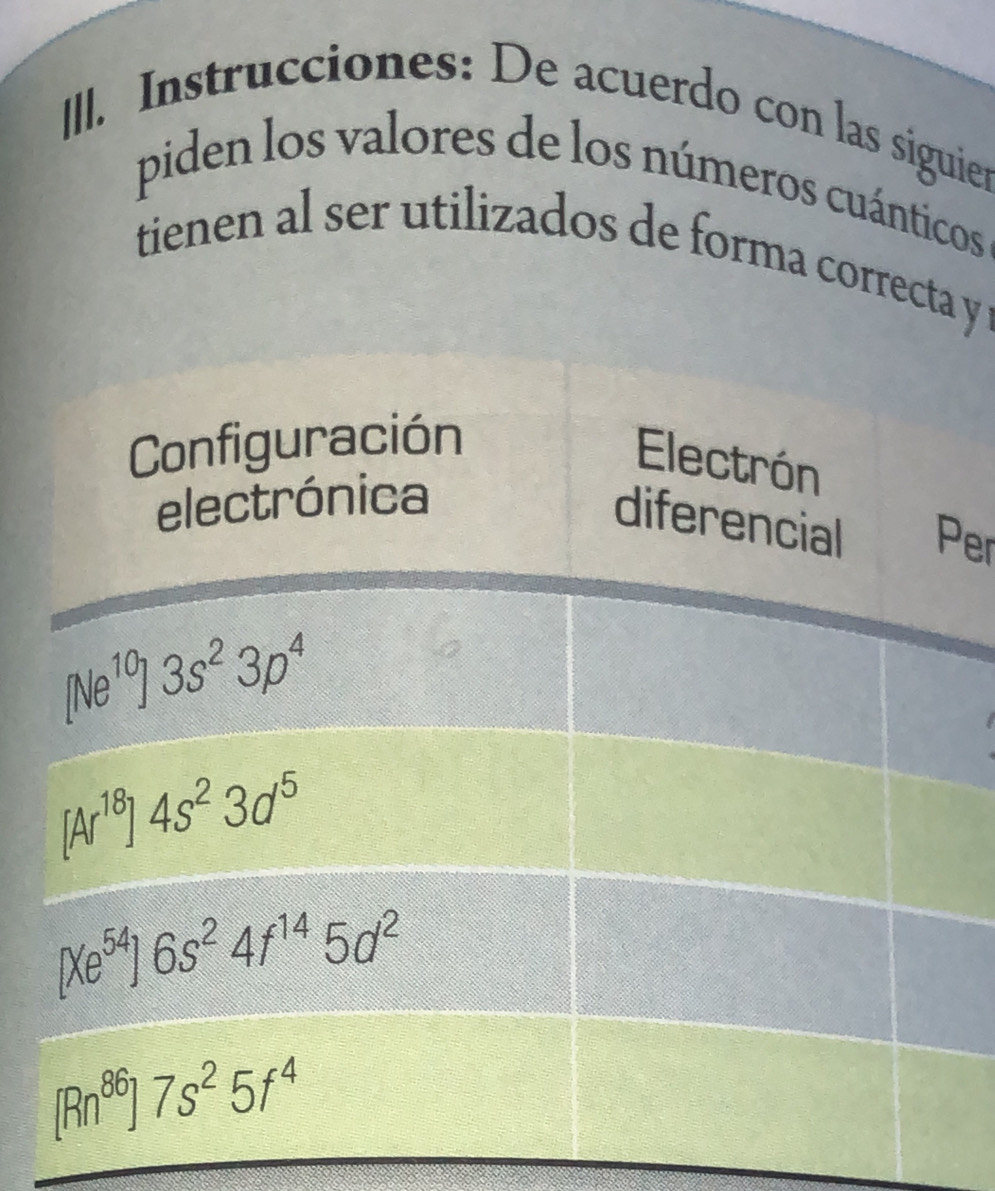 Il. Instrucciones: De acuerdo con las siguier
piden los valores de los números cuánticos
tienen al ser utilizados de forma correcta y 
er