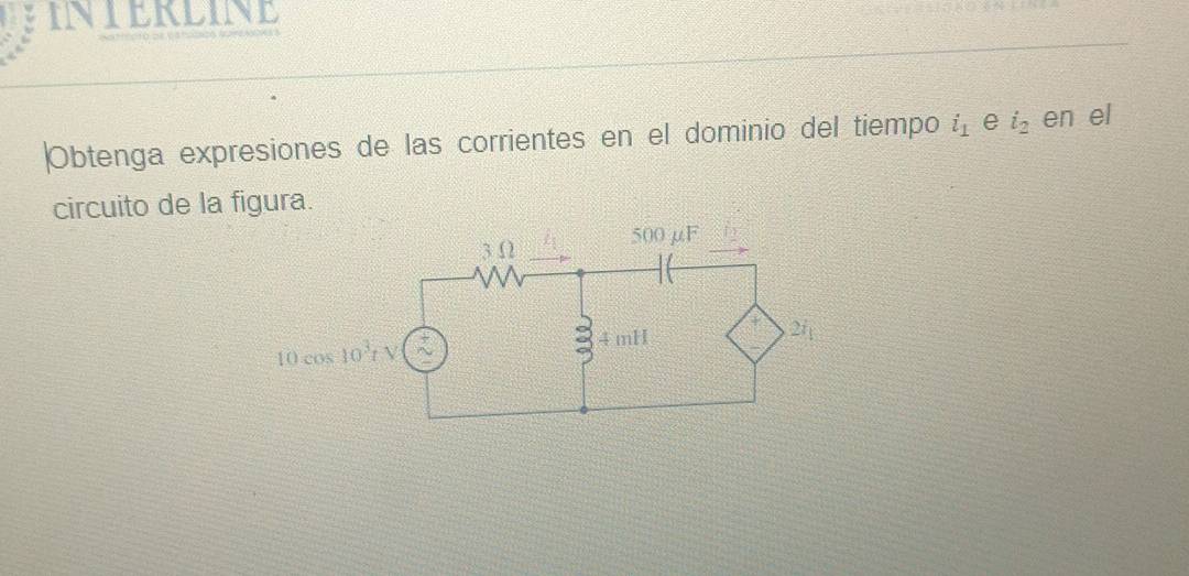 FINTERLINE
Obtenga expresiones de las corrientes en el dominio del tiempo i_1 e i_2 en el
circuito de la figura.