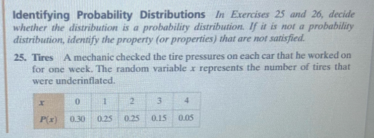 Identifying Probability Distributions In Exercises 25 and 26, decide
whether the distribution is a probability distribution. If it is not a probability
distribution, identify the property (or properties) that are not satisfied.
25. Tires A mechanic checked the tire pressures on each car that he worked on
for one week. The random variable x represents the number of tires that
were underinflated.