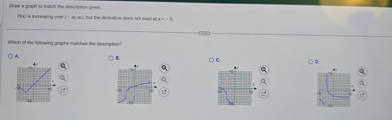 Draw a graph to match the description given.
H(x) is increasing over (-∈fty ,∈fty ) ), but the derivative does not exist at x=-5. 
Which of the following graphs matches the description? 
A. 
B. 
C.
Ay
D.
10
Ay
10
to
10