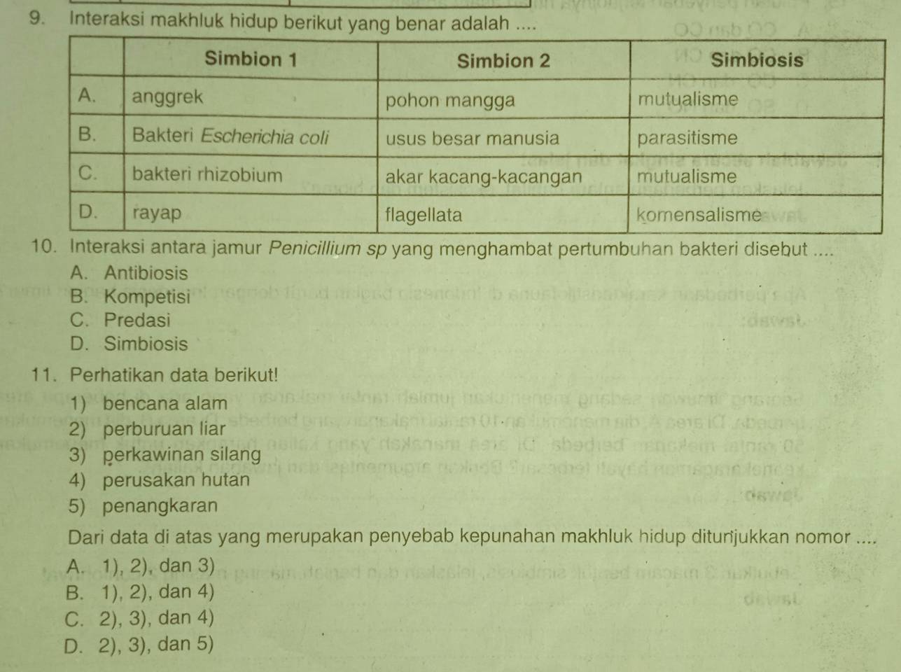 Interaksi makhluk hidup berikut yang benar adalah ....
teraksi antara jamur Penicillium sp yang menghambat pertumbuhan bakteri disebut ....
A. Antibiosis
B. Kompetisi
C. Predasi
D. Simbiosis
11. Perhatikan data berikut!
1 bencana alam
2) perburuan liar
3) perkawinan silang
4) perusakan hutan
5) penangkaran
Dari data di atas yang merupakan penyebab kepunahan makhluk hidup ditunjukkan nomor ....
A. 1), 2), dan 3)
B. 1), 2), dan 4)
C. 2), 3), dan 4)
D. 2), 3), dan 5)