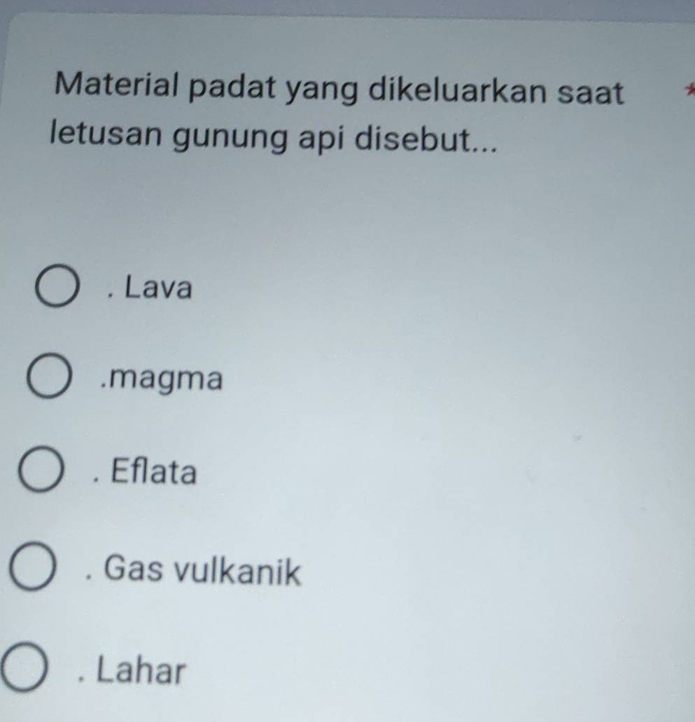 Material padat yang dikeluarkan saat
letusan gunung api disebut.... Lava.magma. Eflata. Gas vulkanik. Lahar