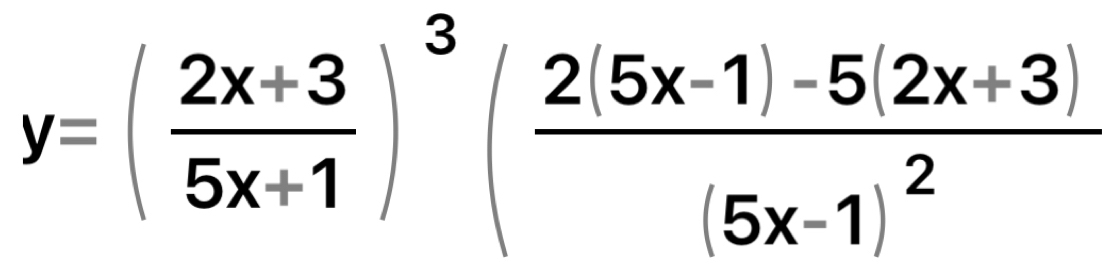 y=( (2x+3)/5x+1 )^3(frac 2(5x-1)-5(2x+3)(5x-1)^2