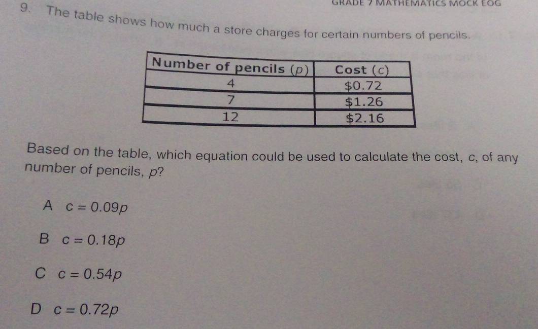 GRADE 7 MÄTHEMÄTICS MÖCK EOG
9. The table shows how much a store charges for certain numbers of pencils.
Based on the table, which equation could be used to calculate the cost, c, of any
number of pencils, p?
A c=0.09p
B c=0.18p
C c=0.54p
D c=0.72p