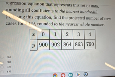 regression equation that represents this set of data,
rounding all coefficients to the nearest hundredth.
(b) 'sing this equation, find the projected number of new
cases for 2019, rounded to the nearest whole number.
681
581
731
631