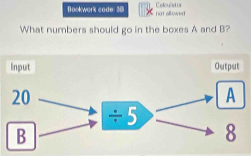 Calculator 
Bookwork code: 3B not allowed 
What numbers should go in the boxes A and B? 
Input Output
20
A
÷ 5
B
8