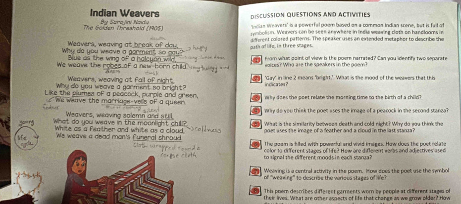 Indian Weavers 
DISCUSSION QUESTIONS AND ACTIVITIES 
By Sarojini Naidu 'Indian Weavers' is a powerful poem based on a common Indian scene, but is full of 
The Golden Threshold (1905) symbolism. Weavers can be seen anywhere in India weaving cloth on handlooms in 
different colored patterns. The speaker uses an extended metaphor to describe the 
Weavers, weaving at break of day, path of life, in three stages. 
Why do you weave a garment so gay? 
Blue as the wing of a halcyon wild, From what point of view is the poem narrated? Can you identify two separate 
We weave the robes of a new-born child voices? Who are the speakers in the poem? 
Weavers, weaving at fall of night, ‘Gay’ in line 2 means ‘bright.’ What is the mood of the weavers that this 
Why do you weave a garment so bright? indicates? 
Like the plumes of a peacock, purple and green Why does the poet relate the morning time to the birth of a child? 
We weave the marriage-veils of a queen 
a 
Weavers, weaving solemn and still, Why do you think the poet uses the image of a peacock in the second stanza? 
What do you weave in the moonlight chill? 5 What is the similarity between death and cold night? Why do you think the 
White as a feather and white as a cloud, poet uses the image of a feather and a cloud in the last stanza? 
We weave a dead man's funeral shroud. 
81 The poem is filled with powerful and vivid images. How does the poet relate 
color to different stages of life? How are different verbs and adjectives used 
to signal the different moods in each stanza? 
a Weaving is a central activity in the poem. How does the poet use the symbol 
of “weaving” to describe the various stages of life? 
a This poem describes different garments worn by people at different stages of 
their lives. What are other aspects of life that change as we grow older? How