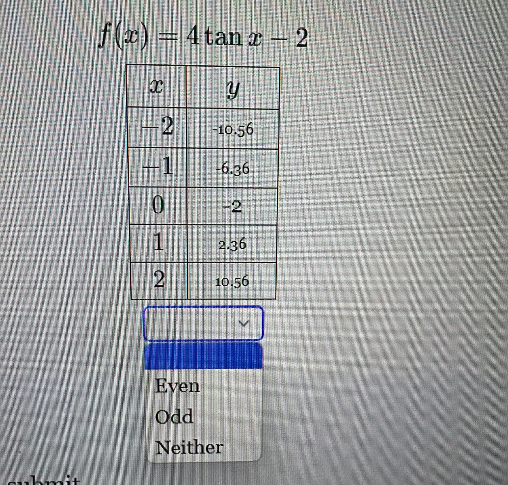 f(x)=4tan x-2
Even
Odd
Neither